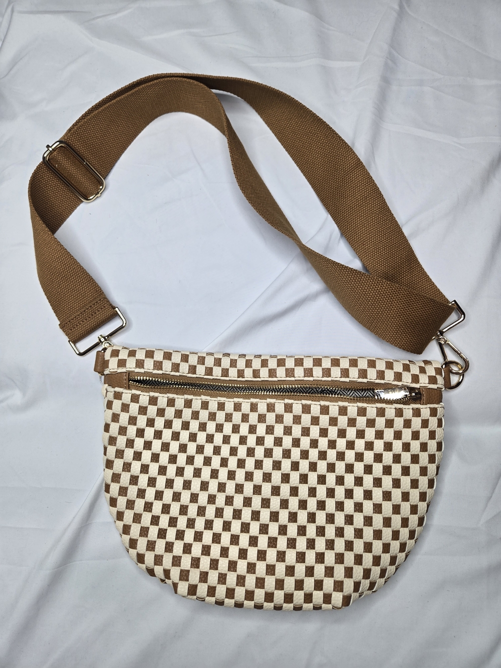 Checkerboard Brown & Cream Crossbody Bag with Wide Strap - Picture 2 of 6